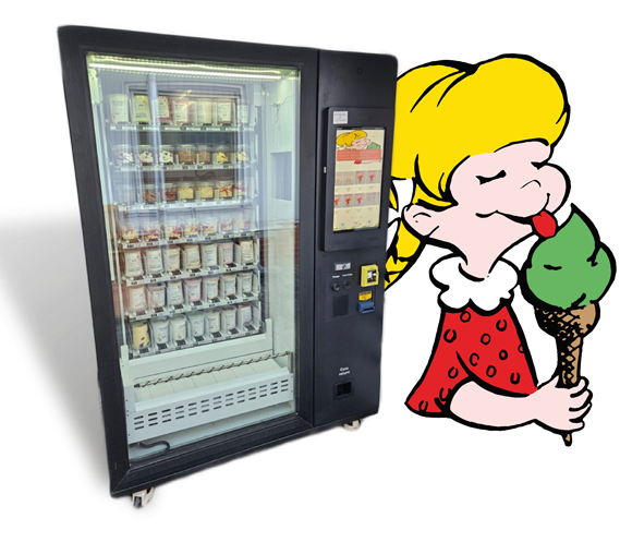 Eiscreme Automat Ein Snackautomat mit verschiedenen Produkten und ein Mädchen, das ein Eis genießt.
