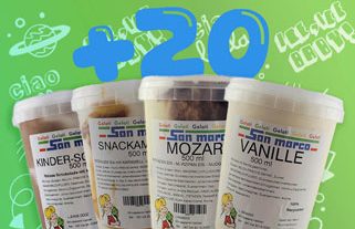 500ml Eisbecher Vier Behälter mit verschiedenen Eissorten auf grünem Hintergrund, "+20" in blau.